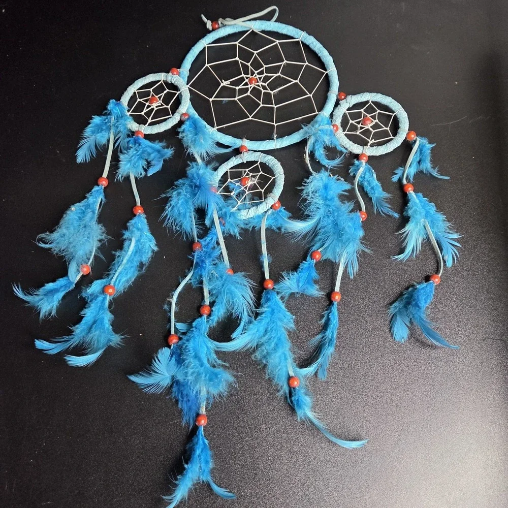 Blue Multi Ring Dreamcatcher Boho Feather Wall Hanging Handmade Decor